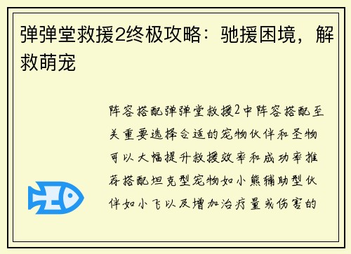 弹弹堂救援2终极攻略：驰援困境，解救萌宠