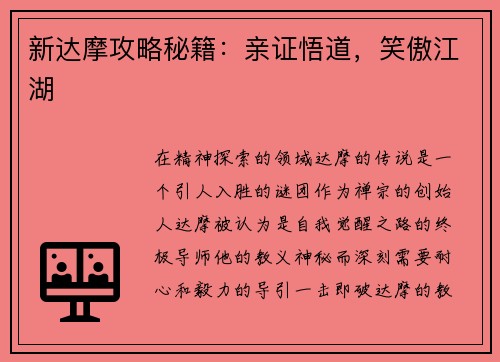 新达摩攻略秘籍：亲证悟道，笑傲江湖