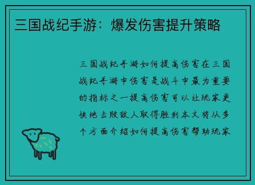 三国战纪手游：爆发伤害提升策略