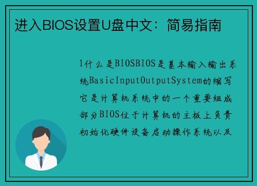 进入BIOS设置U盘中文：简易指南